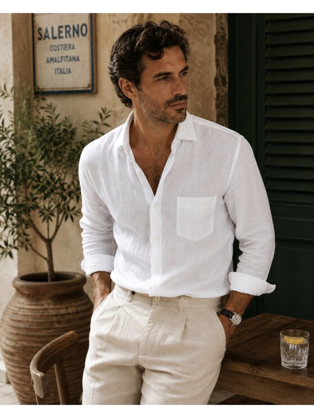 Proper Cloth 100% Washed Linen White Button Front Long Sleeve Shirt Men’s Custom